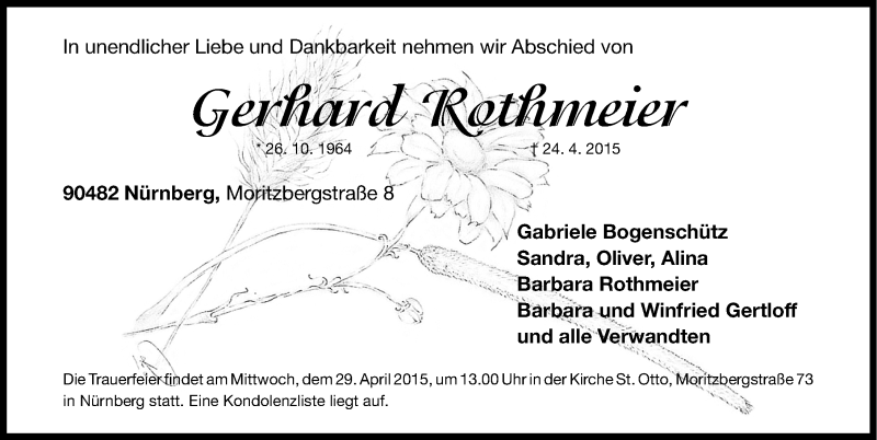  Traueranzeige für Gerhard Rothmeier vom 28.04.2015 aus Gesamtausgabe Nürnberger Nachrichten/ Nürnberger Ztg.