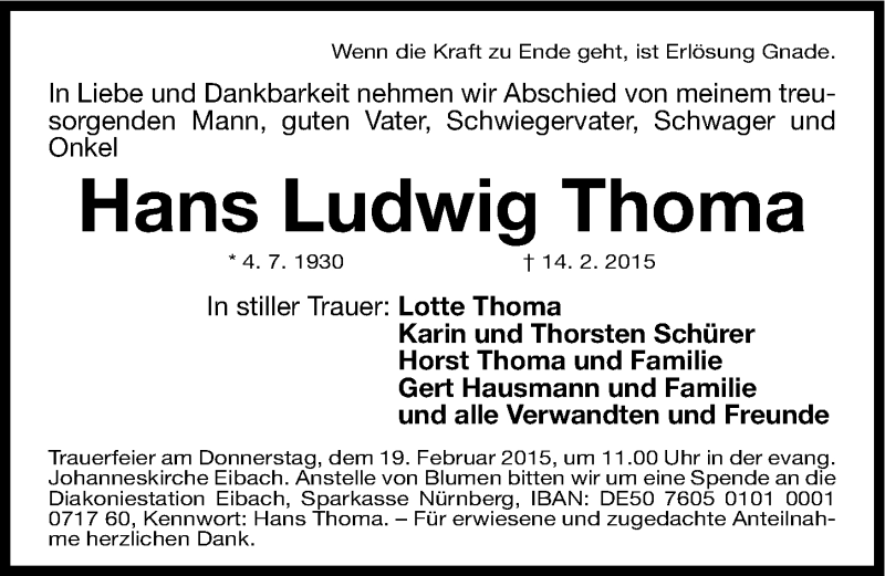  Traueranzeige für Hans Ludwig Thoma vom 17.02.2015 aus Gesamtausgabe Nürnberger Nachrichten/ Nürnberger Ztg.