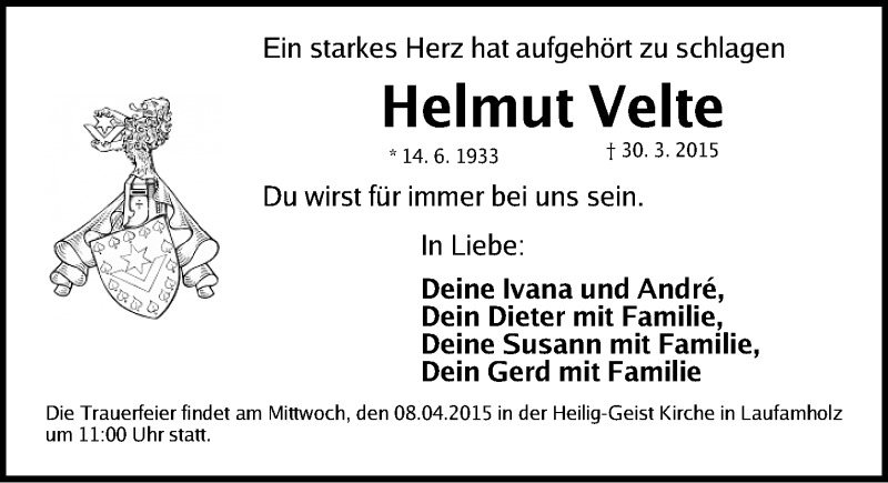  Traueranzeige für Helmut Velte vom 04.04.2015 aus Gesamtausgabe Nürnberger Nachrichten/ Nürnberger Ztg.