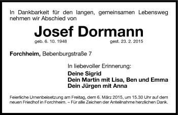 Traueranzeige von Josef Dormann von Gesamtausgabe Nürnberger Nachrichten/ Nürnberger Ztg.