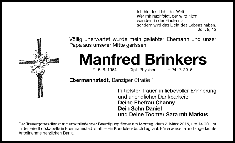  Traueranzeige für Manfred Brinkers vom 27.02.2015 aus Nordbayerische Nachrichten Forchheim Lokal