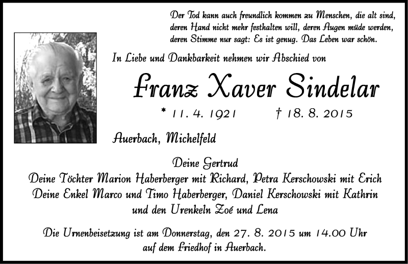  Traueranzeige für Franz Xaver Sindelar vom 22.08.2015 aus Nordbayerische Nachrichten Pegnitz Lokal