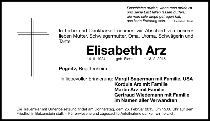  Traueranzeige für Elisabeth Arz vom 24.02.2015 aus Nordbayerische Nachrichten Pegnitz Lokal