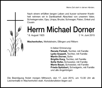 Traueranzeige von Michael Dorner von Altmühl-Bote Lokal