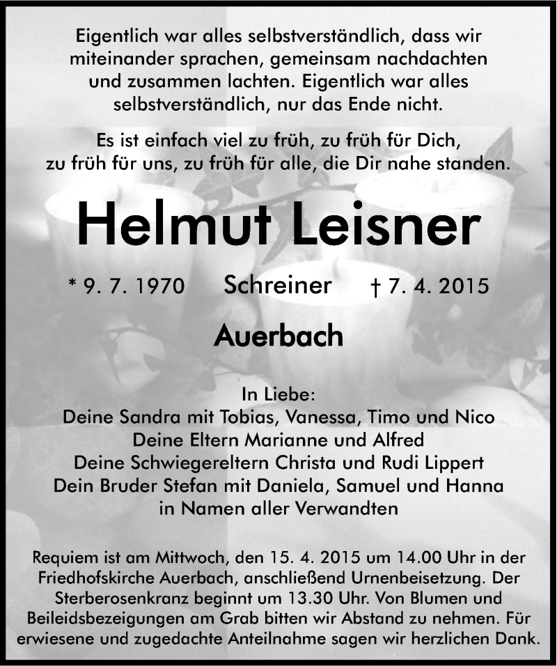 Traueranzeige für Helmut Leisner vom 11.04.2015 aus Nordbayerische Nachrichten Pegnitz Lokal
