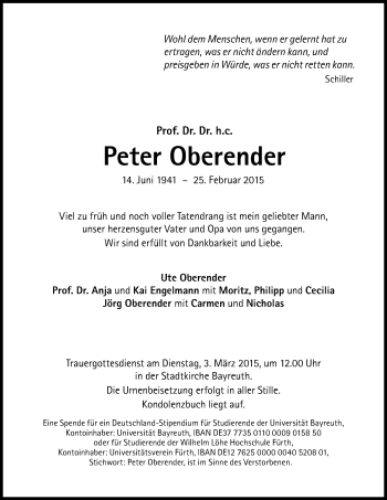 Traueranzeige von Peter Oberender von Gesamtausgabe Nürnberger Nachrichten/ Nürnberger Ztg.