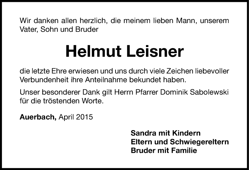  Traueranzeige für Helmut Leisner vom 20.04.2015 aus Nordbayerische Nachrichten Pegnitz Lokal