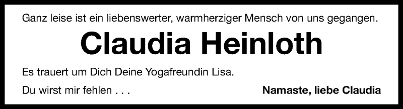  Traueranzeige für Claudia Heinloth vom 12.09.2015 aus Gesamtausgabe Nürnberger Nachrichten/ Nürnberger Ztg.