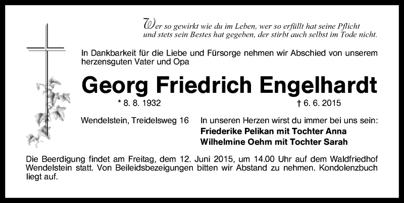  Traueranzeige für Georg Friedrich Engelhardt vom 10.06.2015 aus Schwabach
