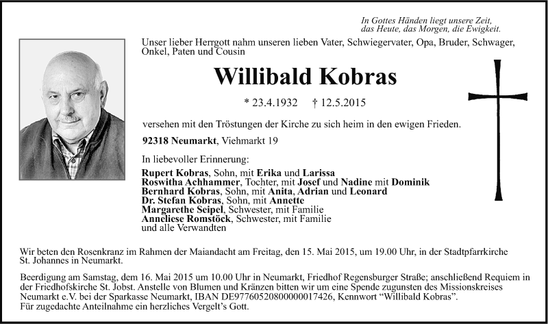  Traueranzeige für Willibald Kobras vom 14.05.2015 aus Neumarkter Nachrichten Lokal