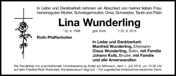 Traueranzeige von Lina Wunderling von Roth-Hilpoltsteiner Volkszeitung Lokal