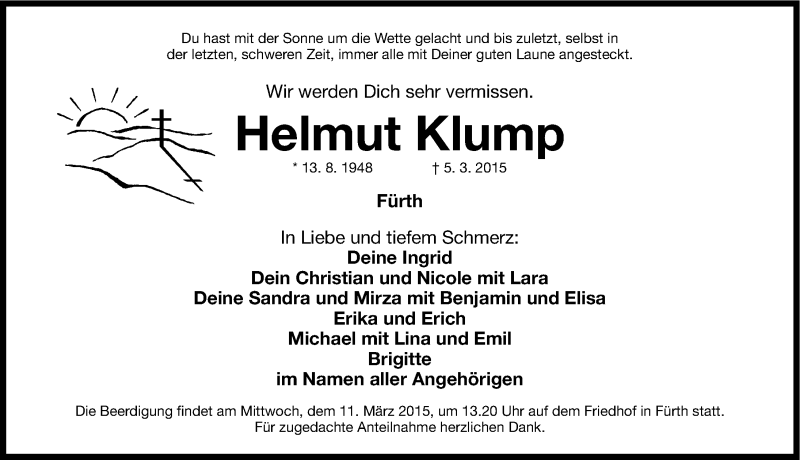  Traueranzeige für Helmut Klump vom 09.03.2015 aus Fürther Nachrichten Lokal