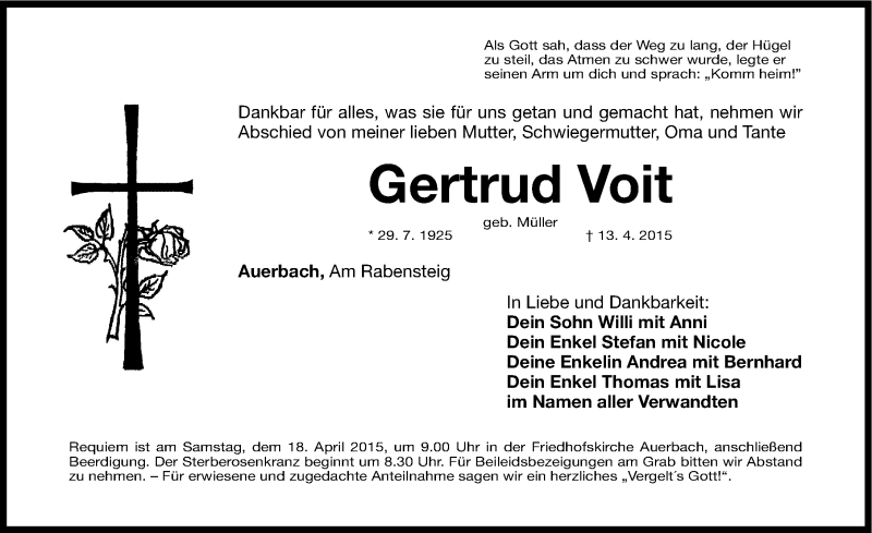  Traueranzeige für Gertrud Voit vom 15.04.2015 aus Nordbayerische Nachrichten Pegnitz Lokal