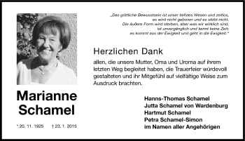 Traueranzeige von Marianne Schamel von G,HEN