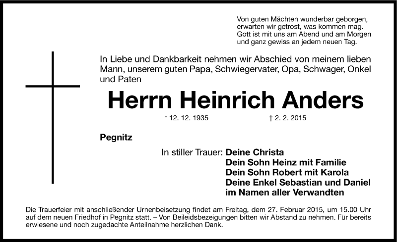  Traueranzeige für Heinrich Anders vom 25.02.2015 aus Nordbayerische Nachrichten Pegnitz Lokal