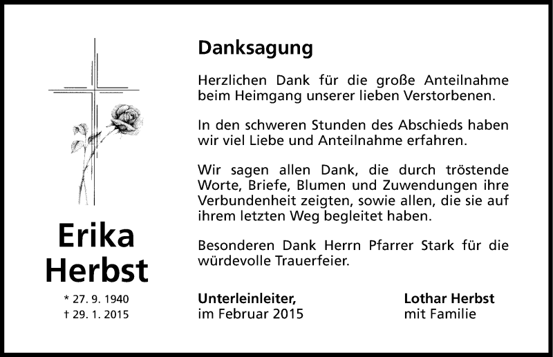  Traueranzeige für Erika Herbst vom 16.02.2015 aus Nordbayerische Nachrichten Forchheim Lokal