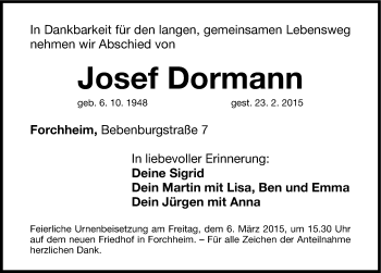 Traueranzeige von Josef Dormann von Nordbayerische Nachrichten Forchheim Lokal