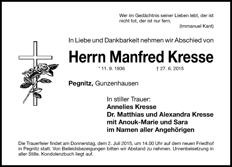  Traueranzeige für Manfred Kresse vom 30.06.2015 aus Nordbayerische Nachrichten Pegnitz Lokal