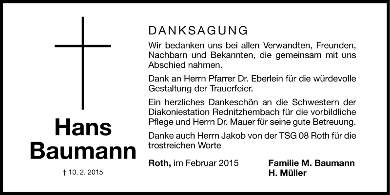  Traueranzeige für Hans Baumann vom 28.02.2015 aus Roth-Hilpoltsteiner Volkszeitung Lokal