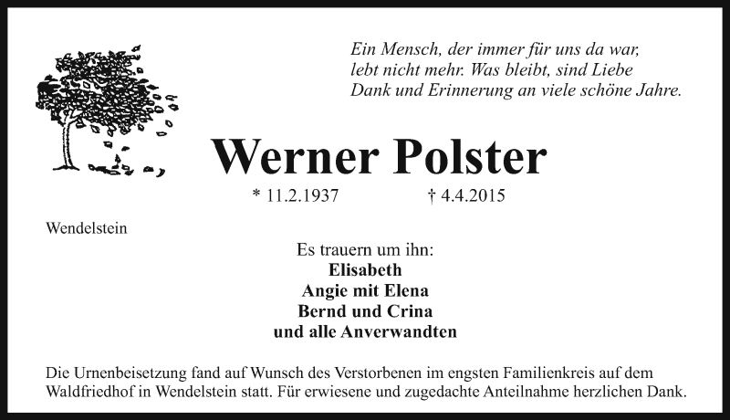  Traueranzeige für Werner Polster vom 16.04.2015 aus Schwabach