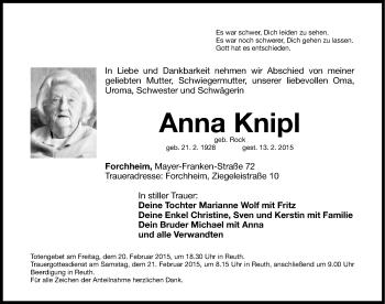 Traueranzeige von Anna Knipl von Nordbayerische Nachrichten Forchheim Lokal