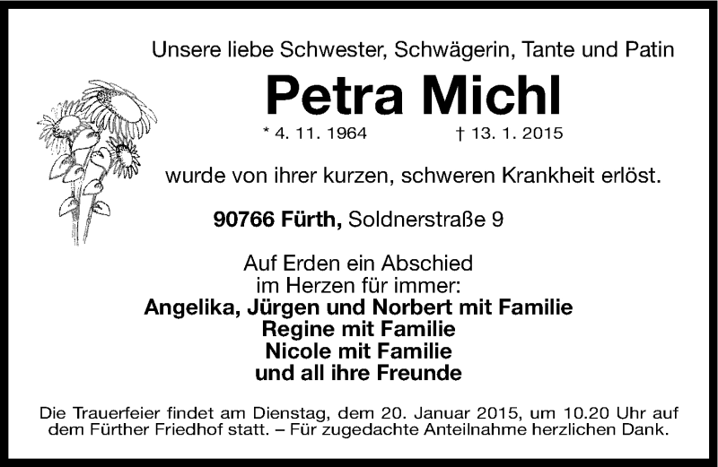  Traueranzeige für Petra Michl vom 17.01.2015 aus Fürther Nachrichten Lokal