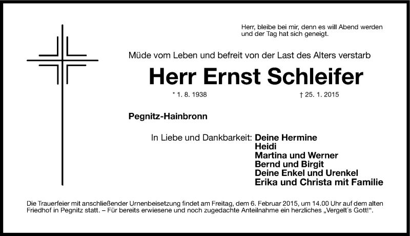  Traueranzeige für Ernst Schleifer vom 31.01.2015 aus Nordbayerische Nachrichten Pegnitz Lokal