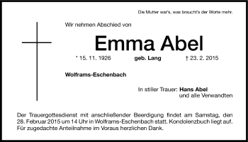 Traueranzeige von Emma Abel von Altmühl-Bote Lokal