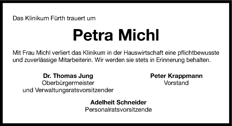  Traueranzeige für Petra Michl vom 19.01.2015 aus Fürther Nachrichten Lokal