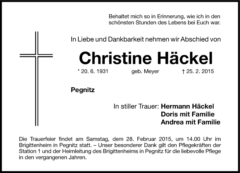  Traueranzeige für Christine Häckel vom 27.02.2015 aus Nordbayerische Nachrichten Pegnitz Lokal