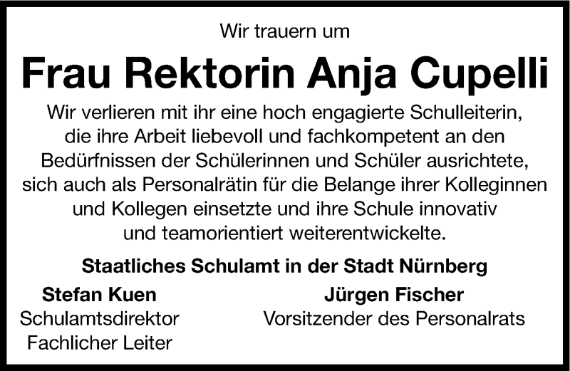  Traueranzeige für Anja Cupelli vom 21.01.2015 aus Gesamtausgabe Nürnberger Nachrichten/ Nürnberger Ztg.