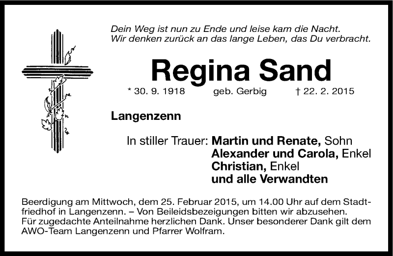  Traueranzeige für Regina Sand vom 24.02.2015 aus Fürther Nachrichten Lokal