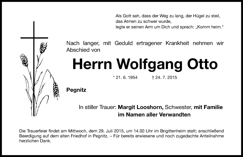  Traueranzeige für Wolfgang Otto vom 28.07.2015 aus Nordbayerische Nachrichten Pegnitz Lokal