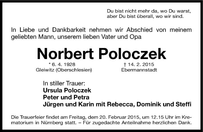  Traueranzeige für Norbert Poloczek vom 18.02.2015 aus Gesamtausgabe Nürnberger Nachrichten/ Nürnberger Ztg.