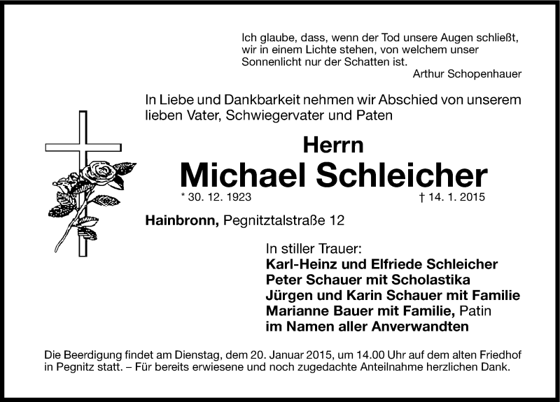  Traueranzeige für Michael Schleicher vom 17.01.2015 aus Nordbayerische Nachrichten Pegnitz Lokal