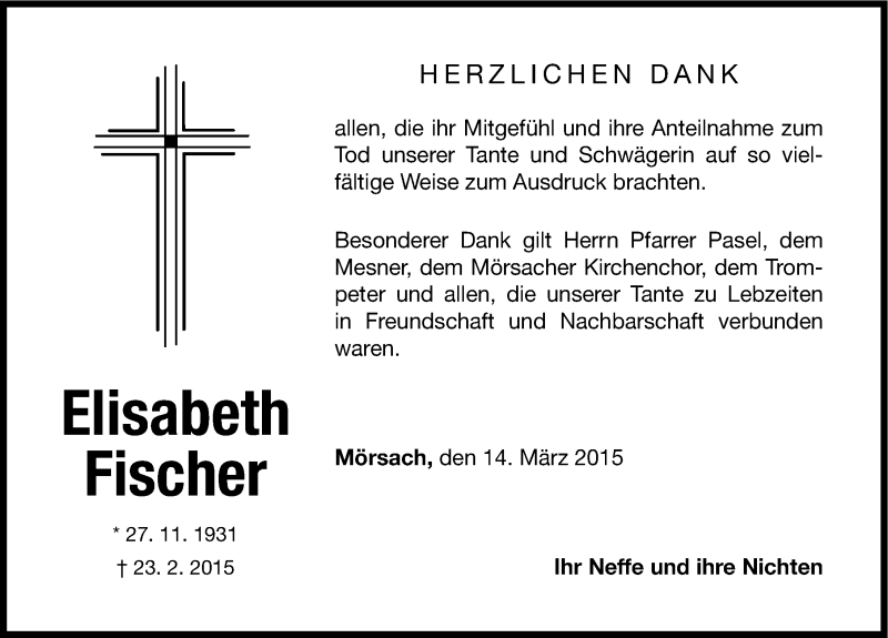  Traueranzeige für Elisabeth Fischer vom 14.03.2015 aus Altmühl-Bote Lokal