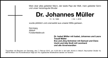 Traueranzeige von Johannes Müller von Gesamtausgabe Nürnberger Nachrichten/ Nürnberger Ztg.