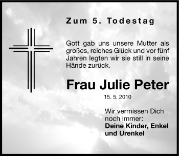 Traueranzeige von Julie Peter von Nordbayerische Nachrichten Pegnitz Lokal