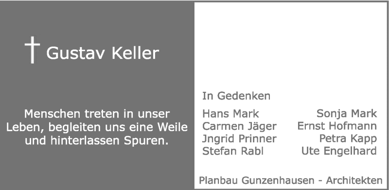  Traueranzeige für Gustav Keller vom 14.02.2015 aus Altmühl-Bote Lokal