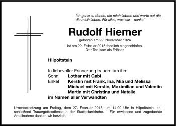 Traueranzeige von Rudolf Hiemer von Roth-Hilpoltsteiner Volkszeitung Lokal