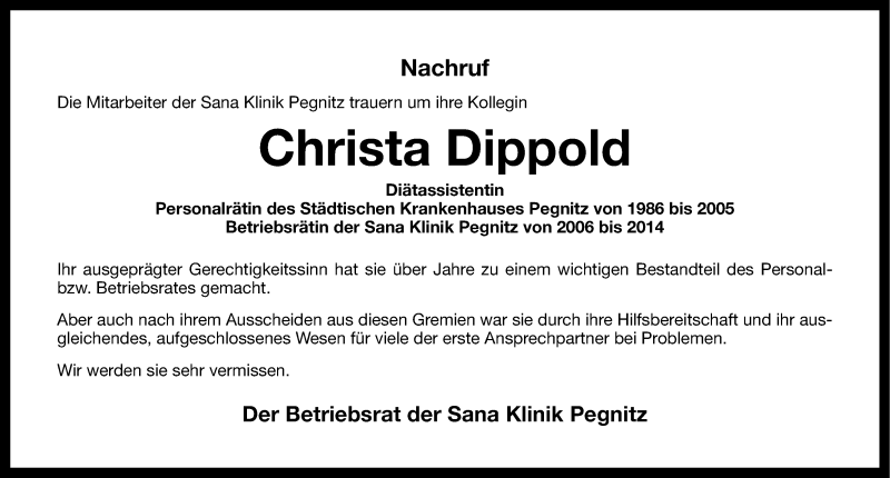  Traueranzeige für Christa Dippold vom 05.03.2015 aus Nordbayerische Nachrichten Pegnitz Lokal