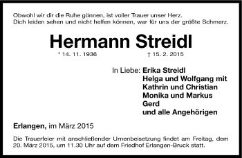Traueranzeige von Hermann Streidl von Erlanger Nachrichten Lokal