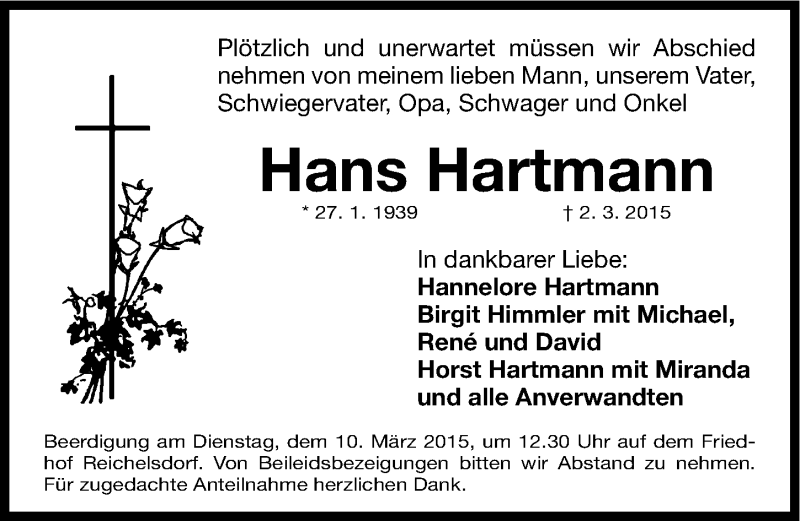  Traueranzeige für Hans Hartmann vom 07.03.2015 aus Gesamtausgabe Nürnberger Nachrichten/ Nürnberger Ztg.