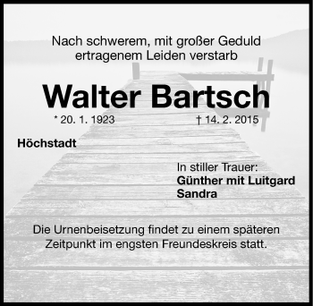 Traueranzeige von Walter Bartsch von Nordbayerische Nachrichten Herzogenaurach Lokal
