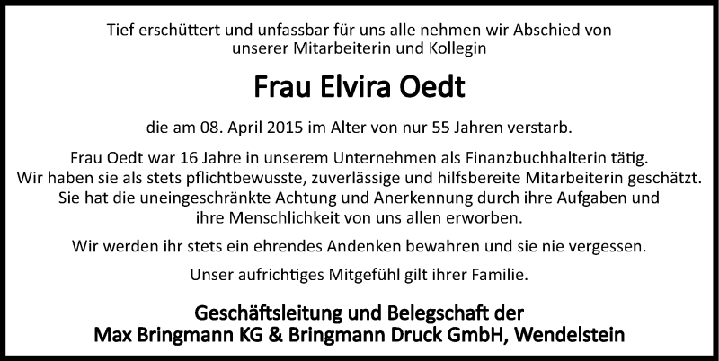  Traueranzeige für Elvira Oedt vom 15.04.2015 aus Roth-Hilpoltsteiner Volkszeitung Lokal