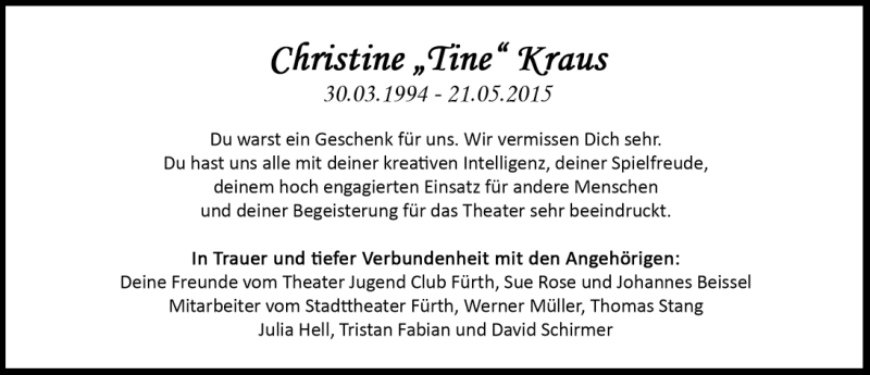  Traueranzeige für Christine  Kraus vom 23.05.2015 aus Gesamtausgabe Nürnberger Nachrichten/ Nürnberger Ztg.