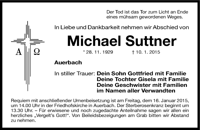  Traueranzeige für Michael Suttner vom 13.01.2015 aus Nordbayerische Nachrichten Pegnitz Lokal
