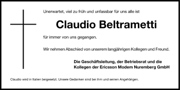 Traueranzeige von Claudio Beltrametti von Gesamtausgabe Nürnberger Nachrichten/ Nürnberger Ztg.