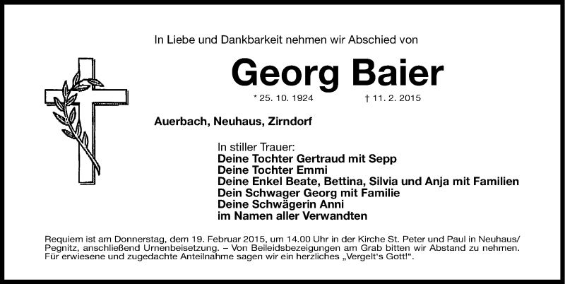  Traueranzeige für Georg Baier vom 14.02.2015 aus Nordbayerische Nachrichten Pegnitz Lokal