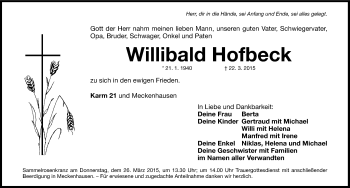 Traueranzeige von Willibald Hofbeck von Roth-Hilpoltsteiner Volkszeitung Lokal
